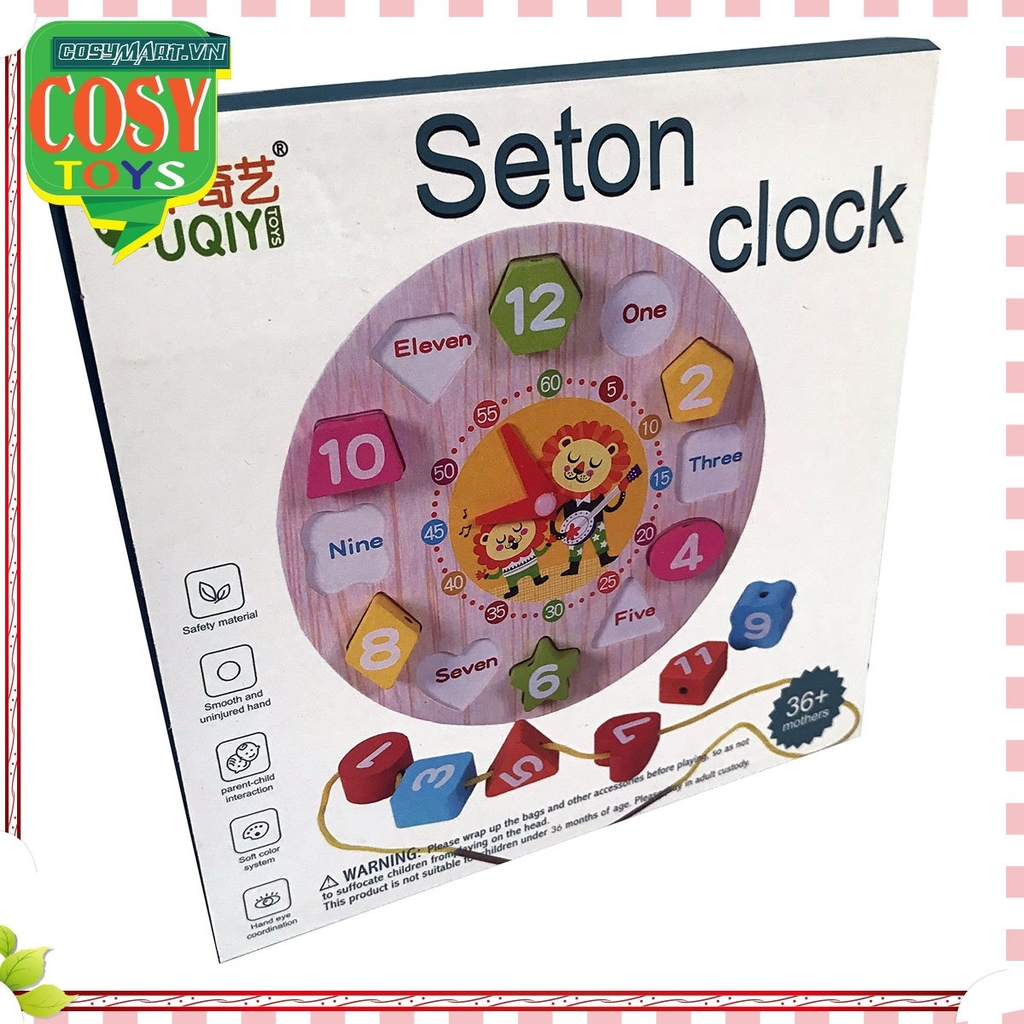 Đồng hồ Selton clock kèm các con số nhiều hình khối khác nhau bằng gỗ an toàn cho bé