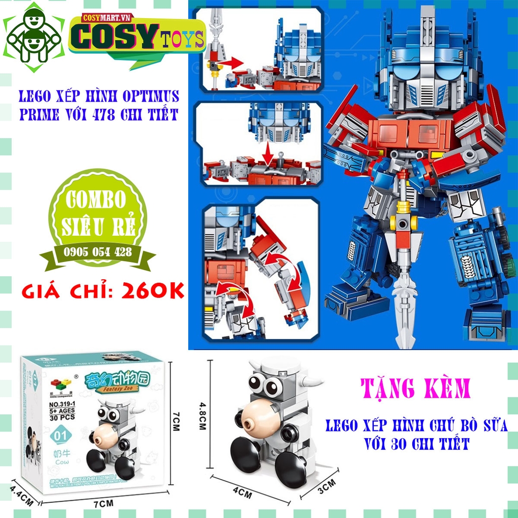 Combo đồ chơi lắp ghép xếp hình robot Transformer: Optimuus Prime, Buumbelee tặng đồ chơi lắp ghépchú bò sữa