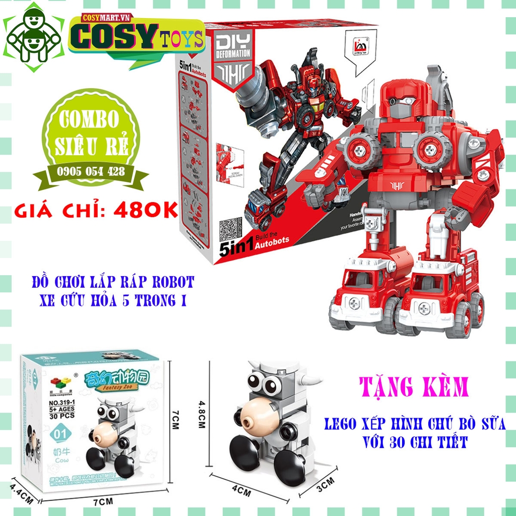 Combo đồ chơi lắp ráp robot xe cứu hỏa 5 trong 1 được tặng đồ chơi lắp ghép chú bò sữa