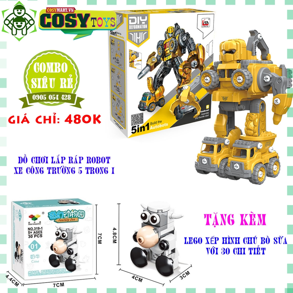 Combo đồ chơi lắp ráp robot xe cứu hỏa 5 trong 1 được tặng đồ chơi lắp ghép chú bò sữa