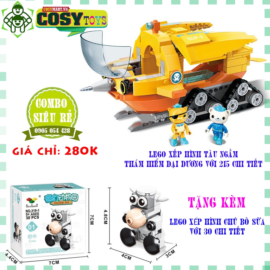 Combo đồ chơi lắp ghép xếp hình tàu ngầm thám hiểm đại dương được tặng lắp ghép chú bò sữa