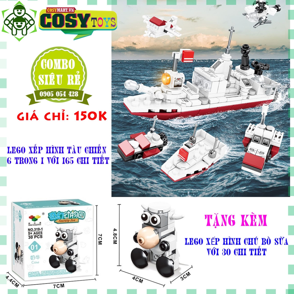 Combo đồ chơi lắp ghép xếp hình tàu chiến 6 trong 1 được tặng lắp ghép chú bò sữa