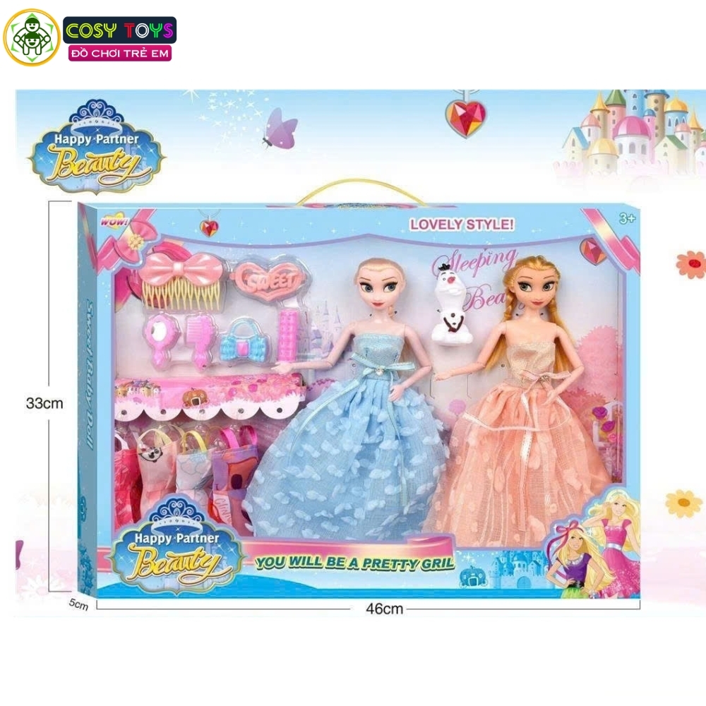 Đồ chơi búp bê 2 công chúa tuyết có váy thay đổi kèm đồ trang điểm, dụng cụ làm đẹp cho bé