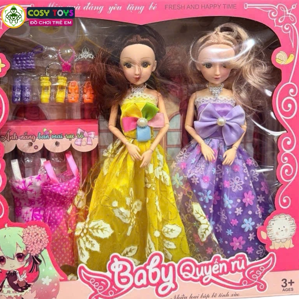 Hộp 2 búp bê có nhiều váy và giày, đồ trang điểm