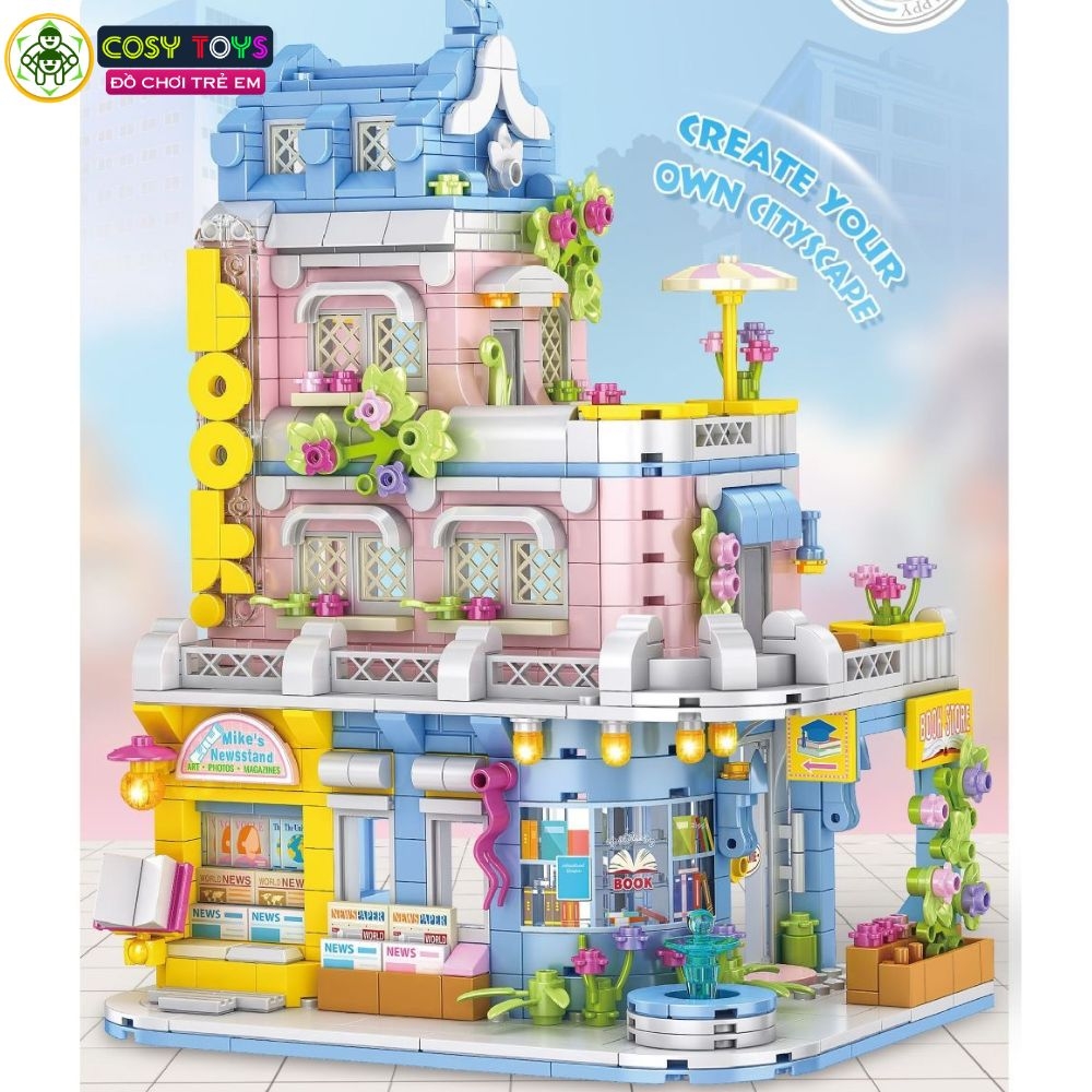 Đồ chơi lắp ghép xếp hình city nhà phố: quán cà phê, khách sạn, nhà hàng, nhà sách, shop áo quần ... với 713, 758, 760, 762, 828,  chi tiết