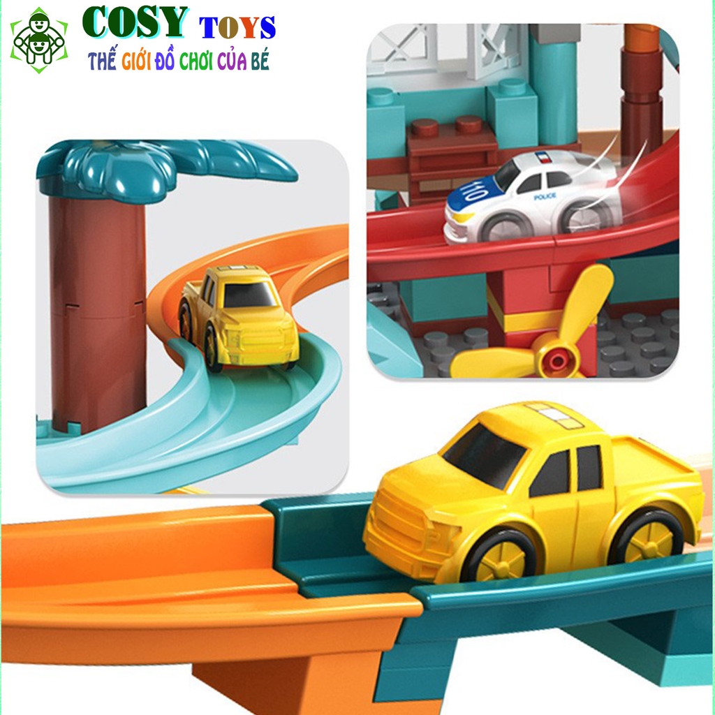 Bộ xếp hình lắp ghép tòa lâu đài có đường ray cầu trượt gồm 512 chi tiết, kèm xe ô tô và nhiều phụ kiện cho bé