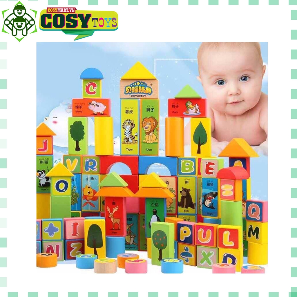 Bộ xếp hình thông minh bằng gỗ đa năng nhiều mẫu ghép và hình khối với 100 chi tiết cho bé
