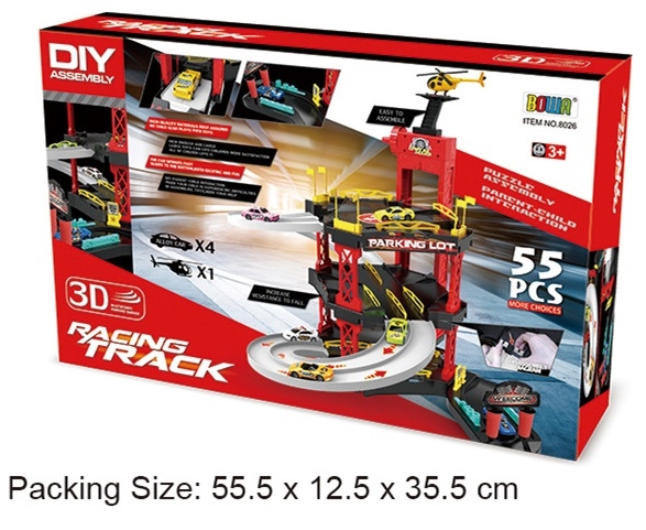 Hộp mô hình gara ô tô nhiều tầng kèm 04 xe ô tô và 01 máy bay trực thăng