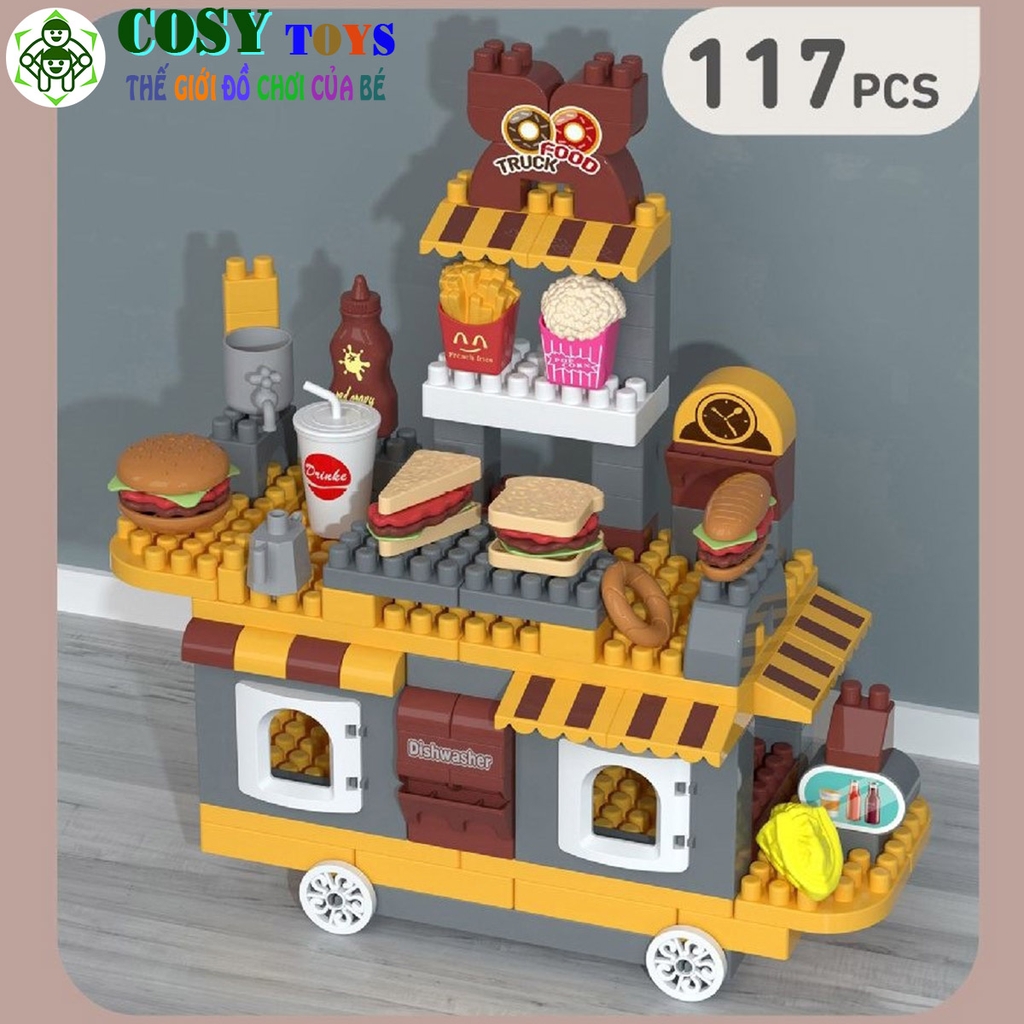 Đồ chơi lắp ghép xếp hình xe bán Hamburger kèm dụng cụ nấu ăn và nhiều mẫu bánh với 117 pics