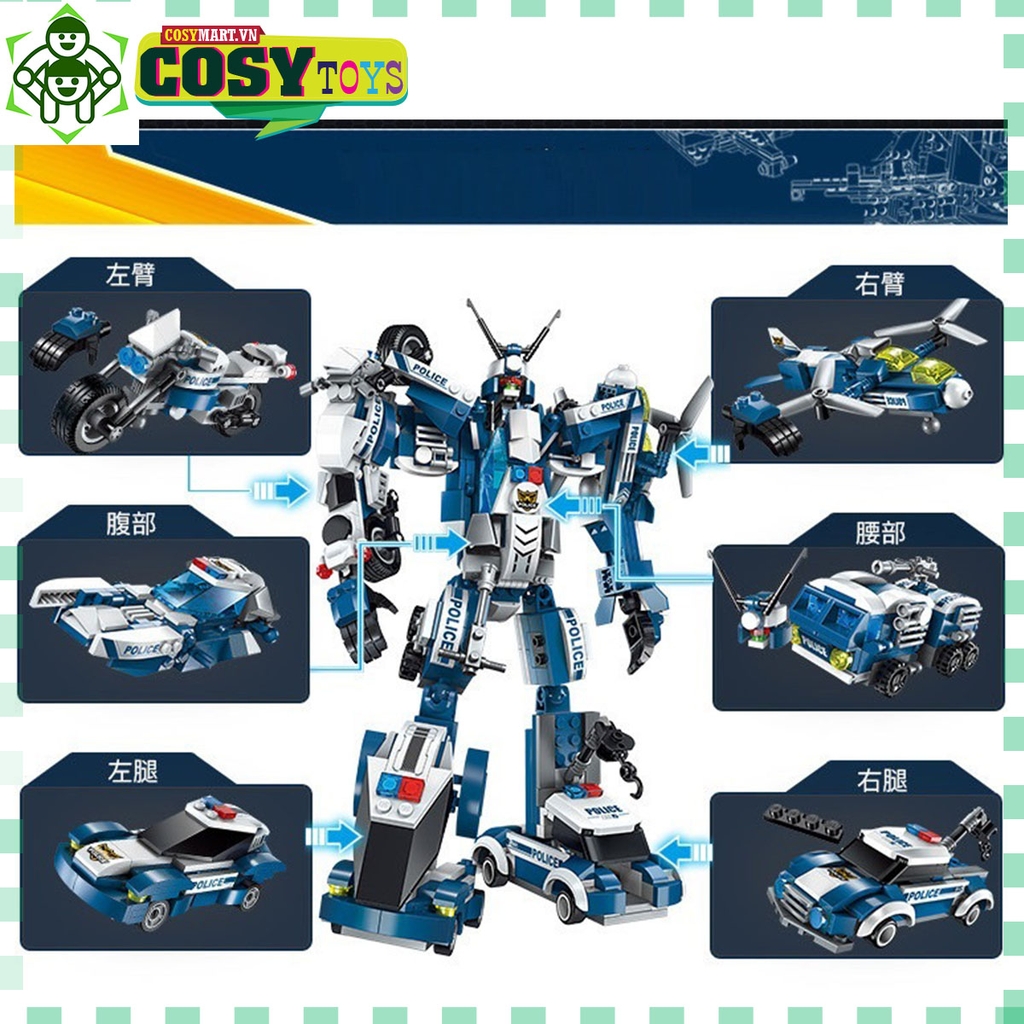 Đồ chơi lắp ghép xếp hình robot cảnh sát biến hình cao cấp 6 trong 1 cho bé