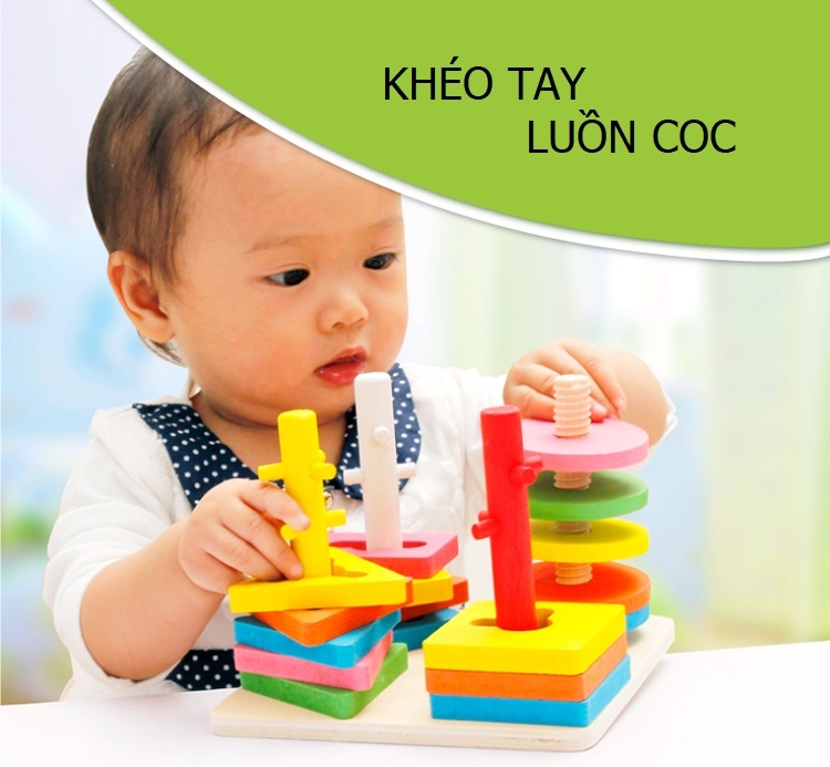 Đồ chơi luyện tay luồn cọc hình khối bằng gỗ cho bé