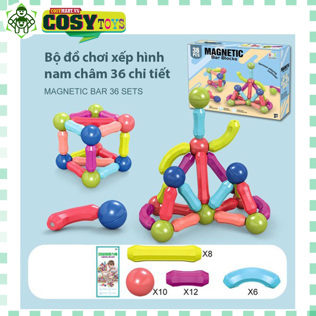 Bộ đồ chơi xếp hình nam châm, ghép hình nam châm dạng que, đầy đủ chi tiết, làm bằng chất liệu nhựa nguyên sinh ABS cao cấp, an toàn cho bé