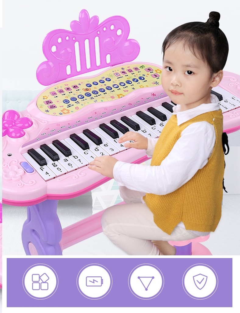 Đàn piano cỡ lớn có chân và ghế ngồi, có sạc, nhạc và ghi âm cho bé