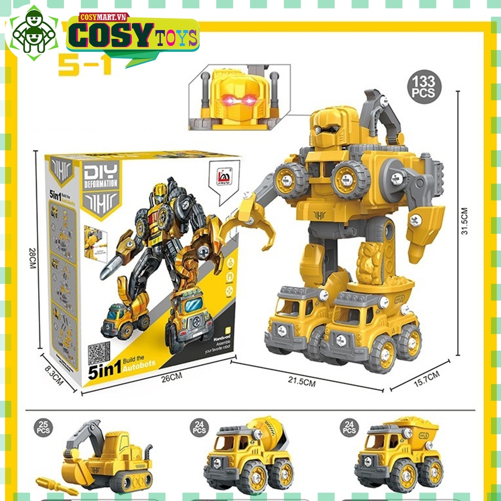 Đồ chơi lắp ráp ô tô mô hình xe cứu hoả - xe công trường biến hình thành robot 5 trong 1 với hơn 131-133 chi tiết bằng vít
