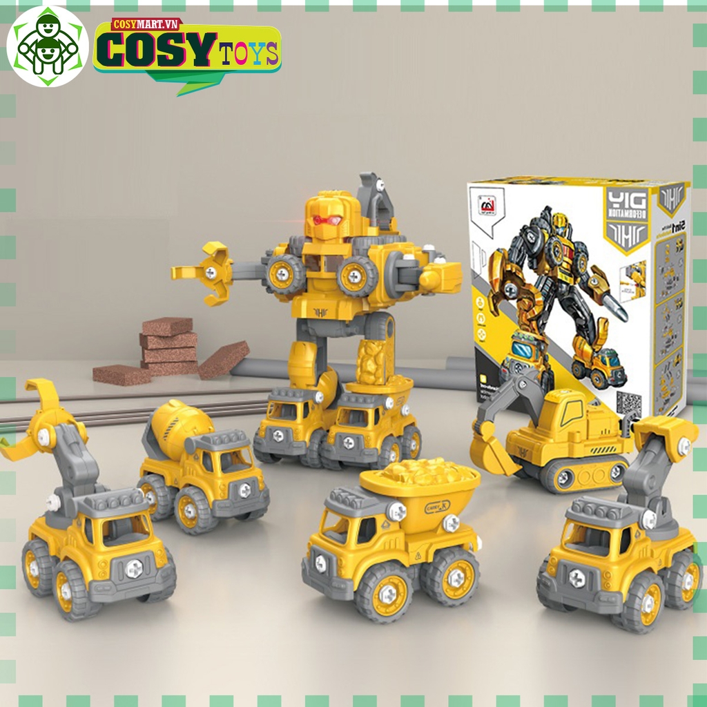 Đồ chơi lắp ráp ô tô công trường biến hình thành robot 5 trong 1 với hơn 133 chi tiết bằng vít