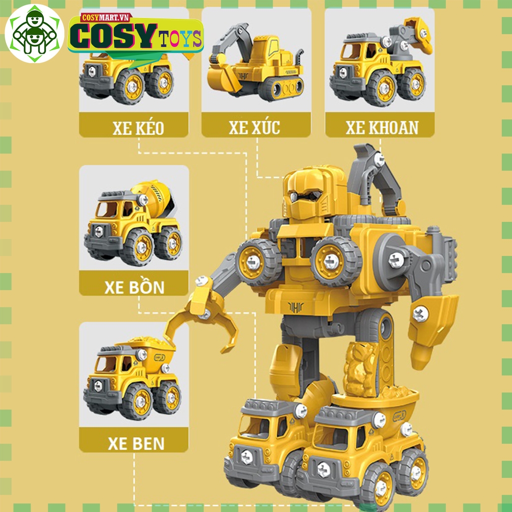 Đồ chơi lắp ráp ô tô mô hình xe cứu hoả - xe công trường biến hình thành robot 5 trong 1 với hơn 131-133 chi tiết bằng vít