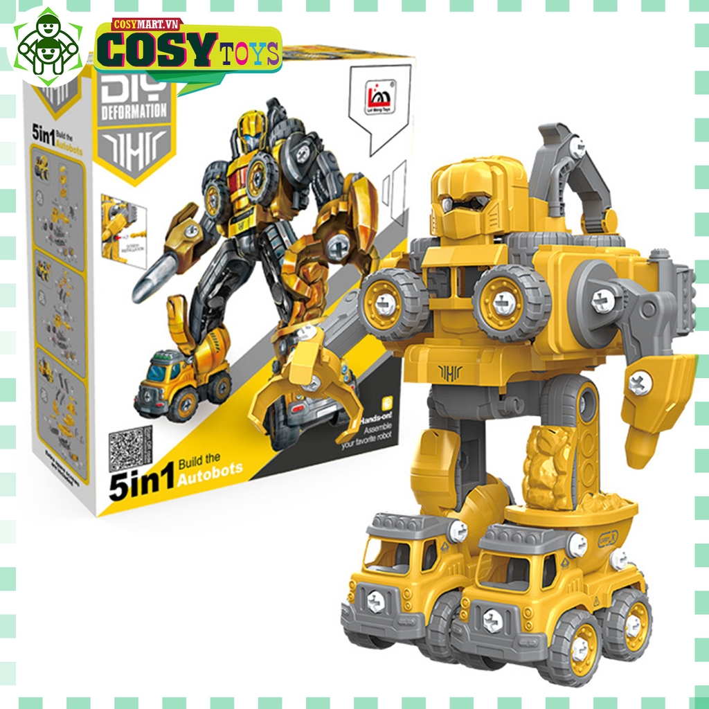 Đồ chơi lắp ráp ô tô mô hình xe cứu hoả - xe công trường biến hình thành robot 5 trong 1 với hơn 131-133 chi tiết bằng vít