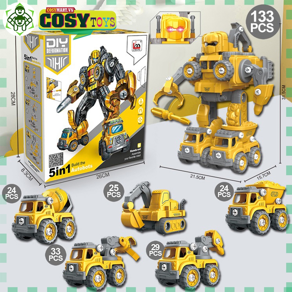 Đồ chơi lắp ráp ô tô mô hình xe cứu hoả - xe công trường biến hình thành robot 5 trong 1 với hơn 131-133 chi tiết bằng vít