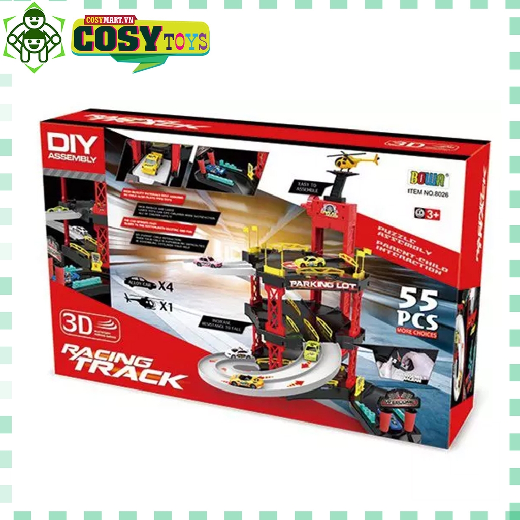 Hộp mô hình gara ô tô nhiều tầng kèm 04 xe ô tô và 01 máy bay trực thăng