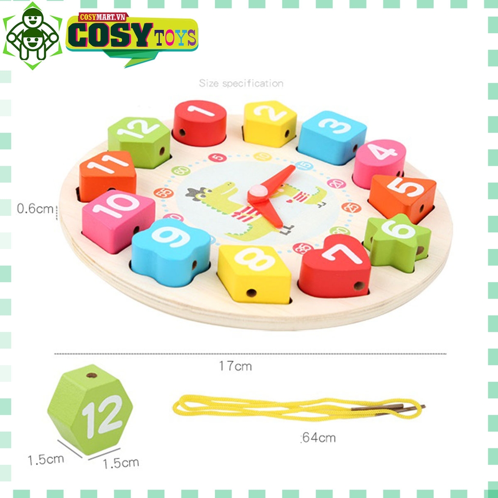 Đồng hồ Selton clock kèm các con số nhiều hình khối khác nhau bằng gỗ an toàn cho bé