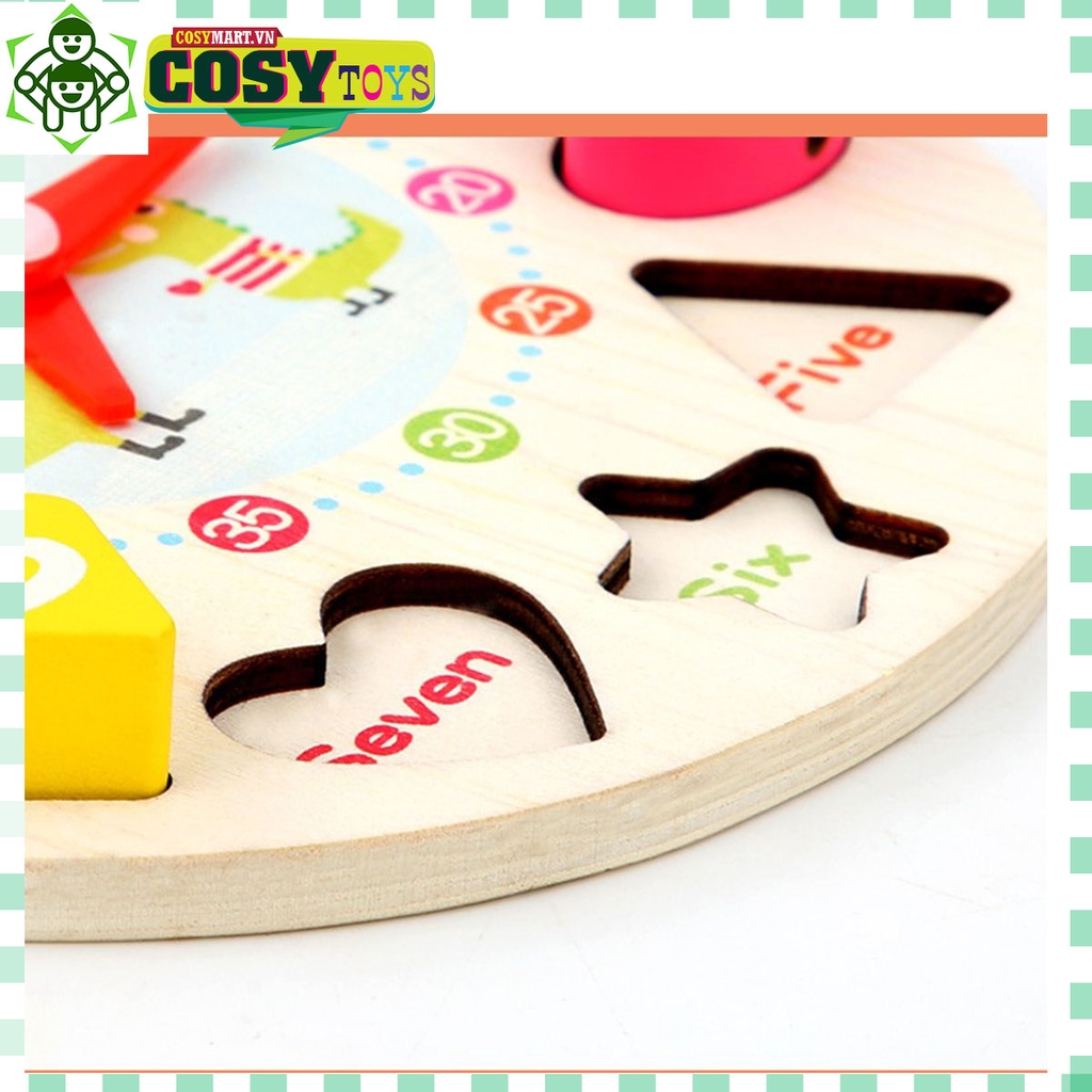 Đồng hồ Selton clock kèm các con số nhiều hình khối khác nhau bằng gỗ an toàn cho bé