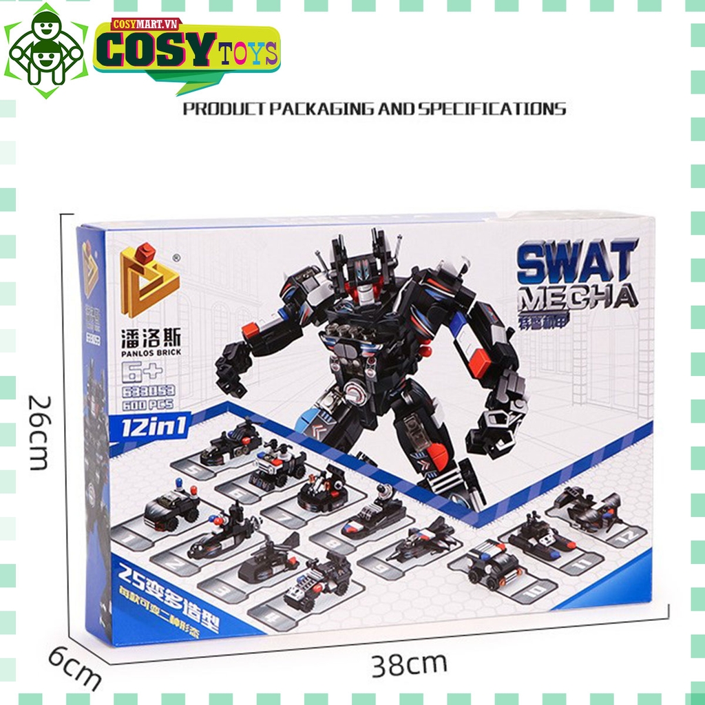 Đồ chơi lắp ghép Mô hình robot Swat Mecha 12 trong 1 với 600 mảnh ghép