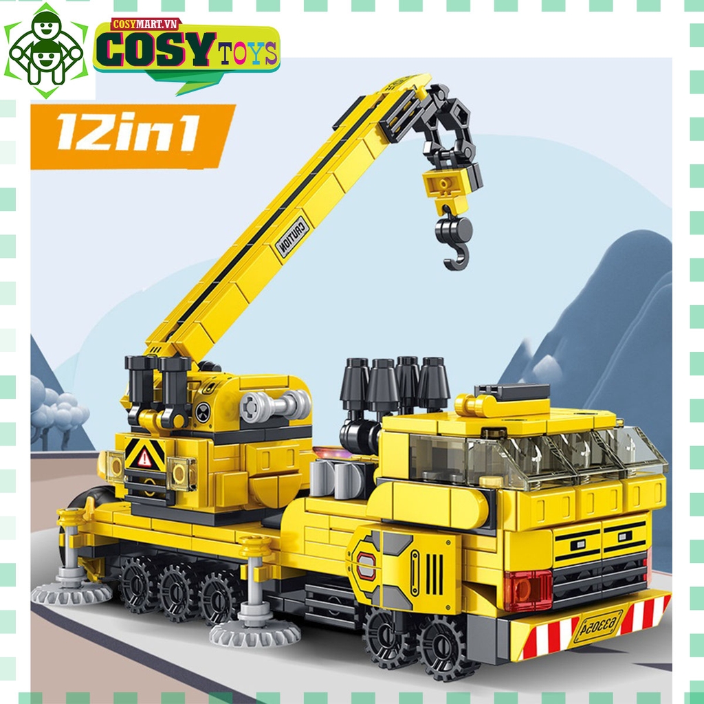 Đồ chơi lắp ghép Mô hình xe cẩu công trình 12 trong 1 với 571 mảnh ghép