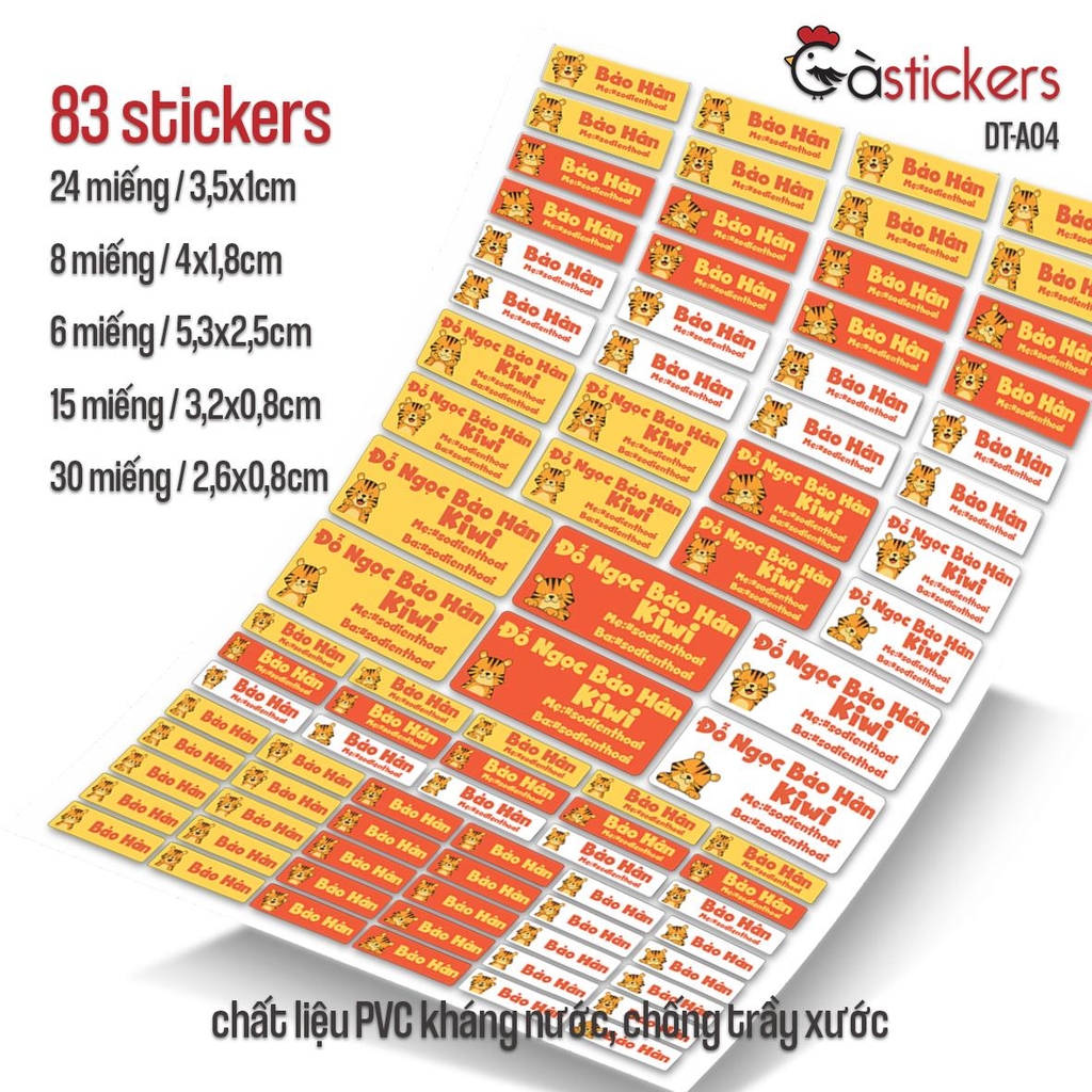 Bộ 83 sticker dán in tên bé - dán đồ dùng cá nhân cho bé mẫu giáo, mầm non, tiểu học - sticker dán độ bền cao kháng nước