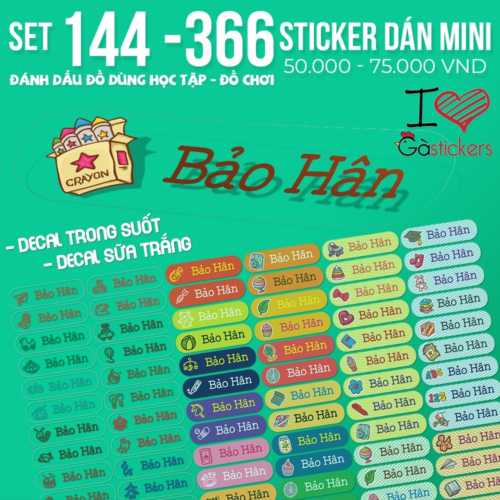 Sticker dán in tên trẻ em GaStickers DTM bộ 144 miếng