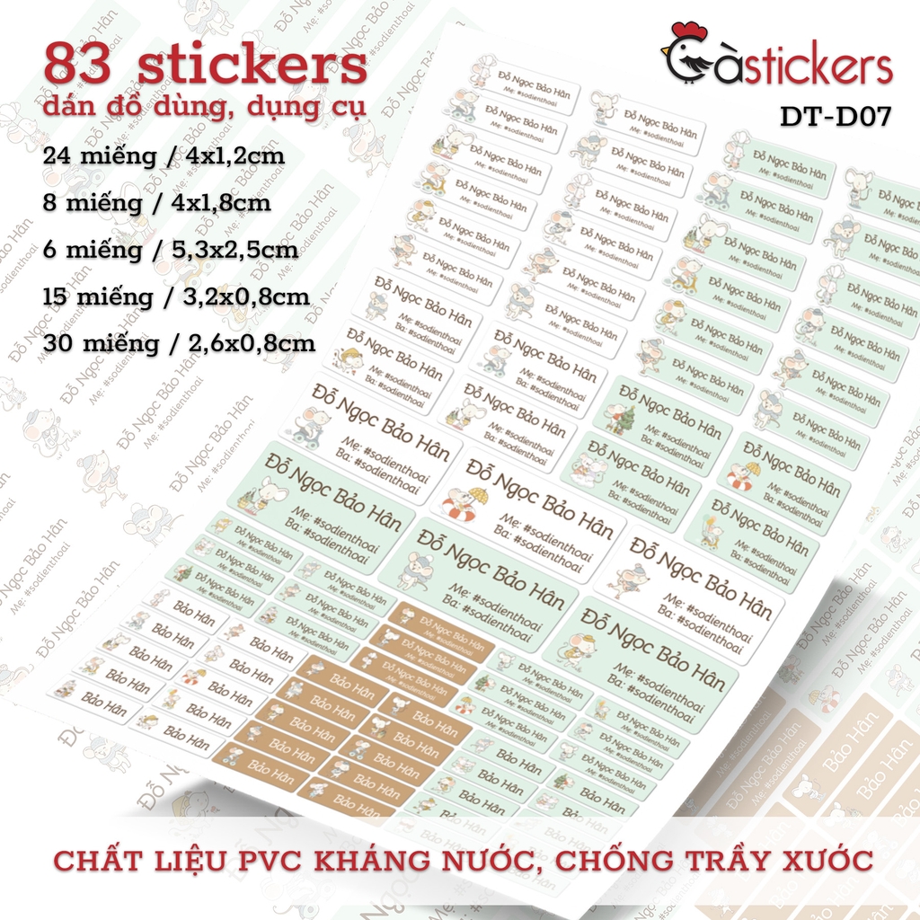 Bộ 83 sticker dán in tên bé - dán đồ dùng cá nhân cho bé mẫu giáo, mầm non, tiểu học - sticker dán độ bền cao kháng nước