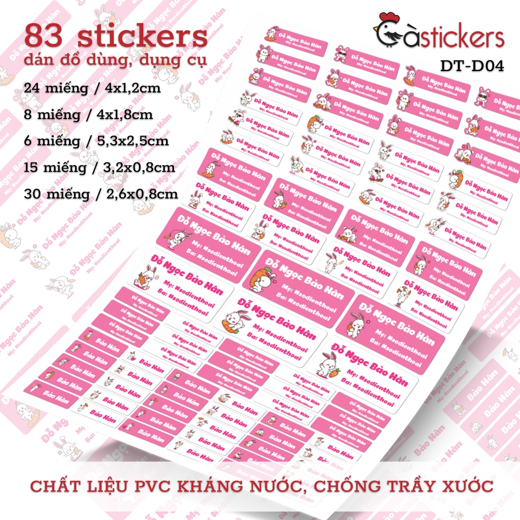 Bộ 83 sticker dán in tên bé - dán đồ dùng cá nhân cho bé mẫu giáo, mầm non, tiểu học - sticker dán độ bền cao kháng nước
