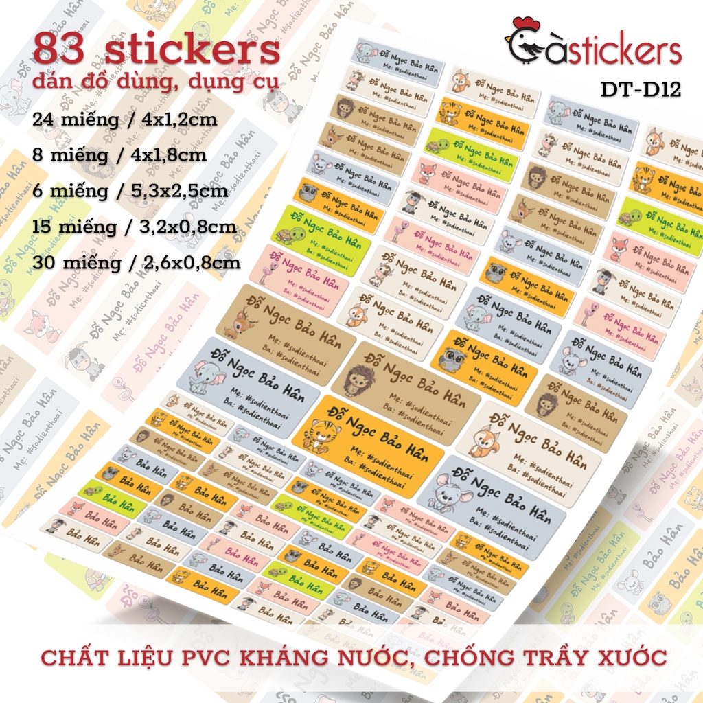 Bộ 83 sticker dán in tên bé - dán đồ dùng cá nhân cho bé mẫu giáo, mầm non, tiểu học - sticker dán độ bền cao kháng nước