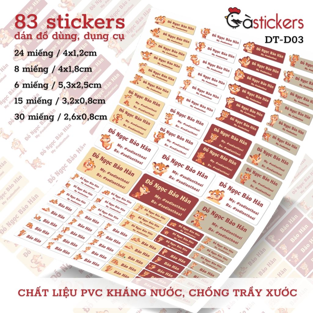 Bộ 83 sticker dán in tên bé - dán đồ dùng cá nhân cho bé mẫu giáo, mầm non, tiểu học - sticker dán độ bền cao kháng nước