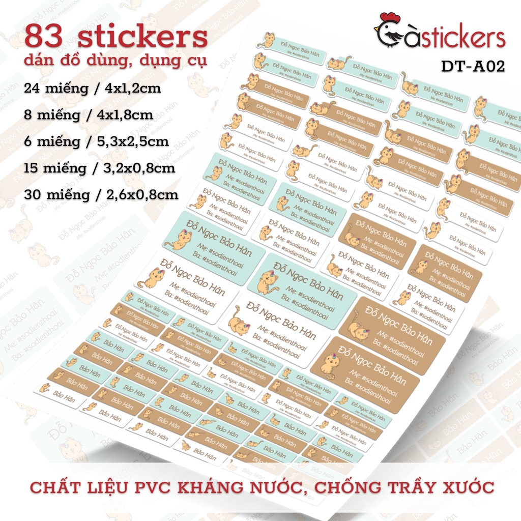 Bộ 83 sticker dán in tên bé - dán đồ dùng cá nhân cho bé mẫu giáo, mầm non, tiểu học - sticker dán độ bền cao kháng nước