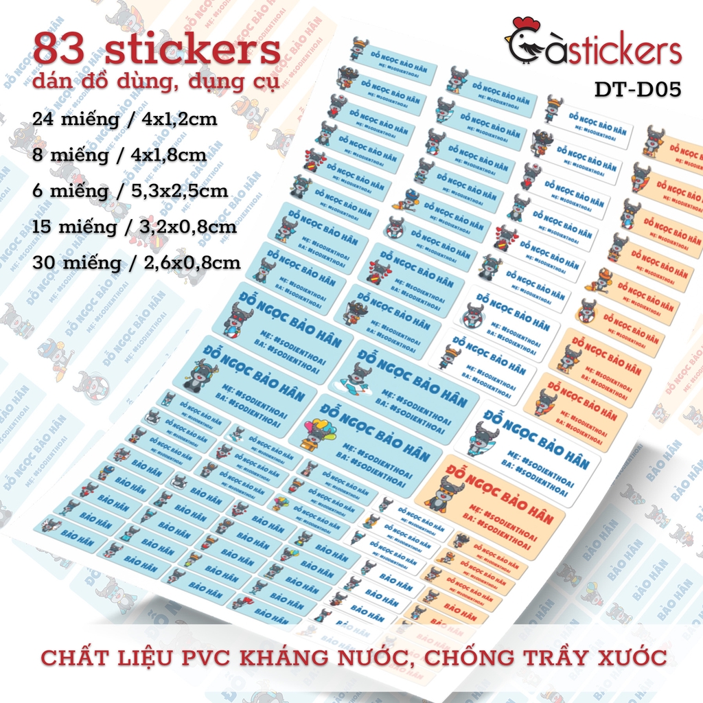 Bộ 83 sticker dán in tên bé - dán đồ dùng cá nhân cho bé mẫu giáo, mầm non, tiểu học - sticker dán độ bền cao kháng nước