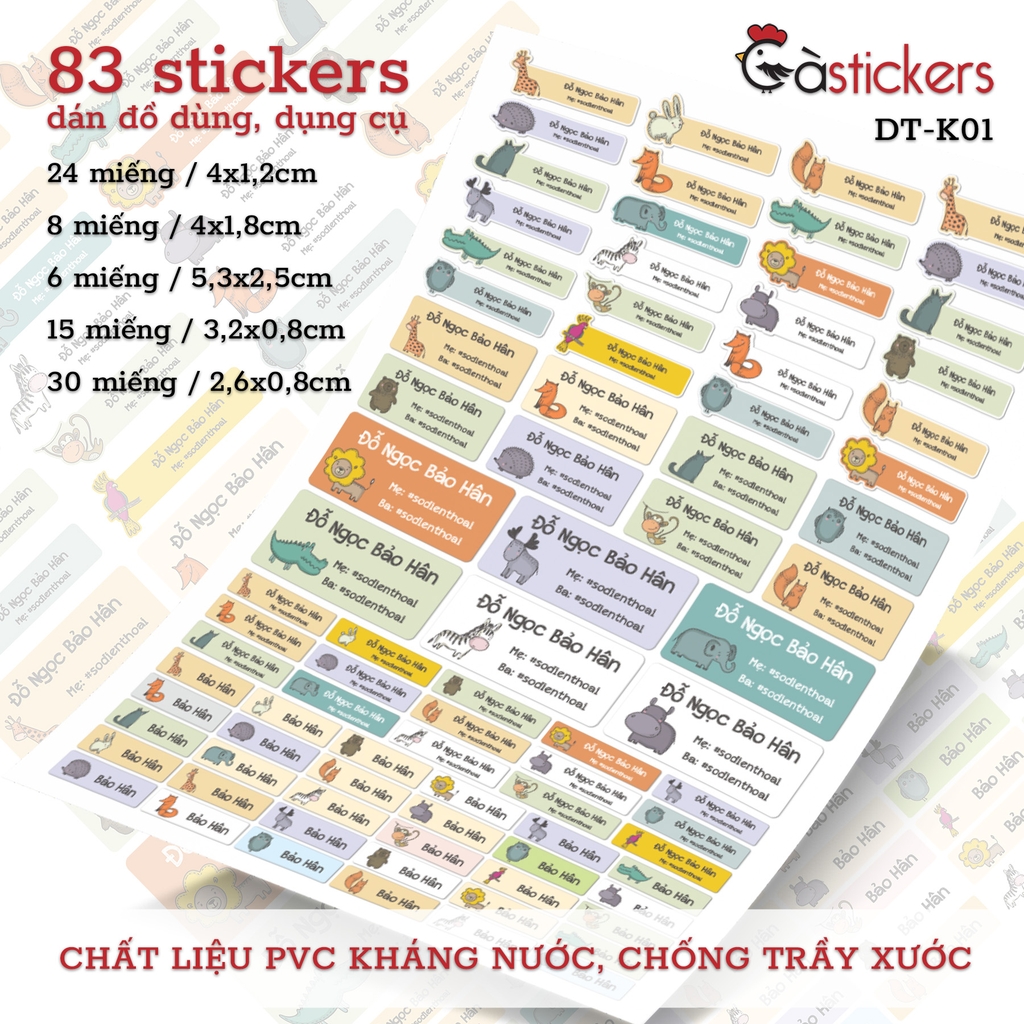 Bộ 83 sticker dán in tên bé - dán đồ dùng cá nhân cho bé mẫu giáo, mầm non, tiểu học - sticker dán độ bền cao kháng nước