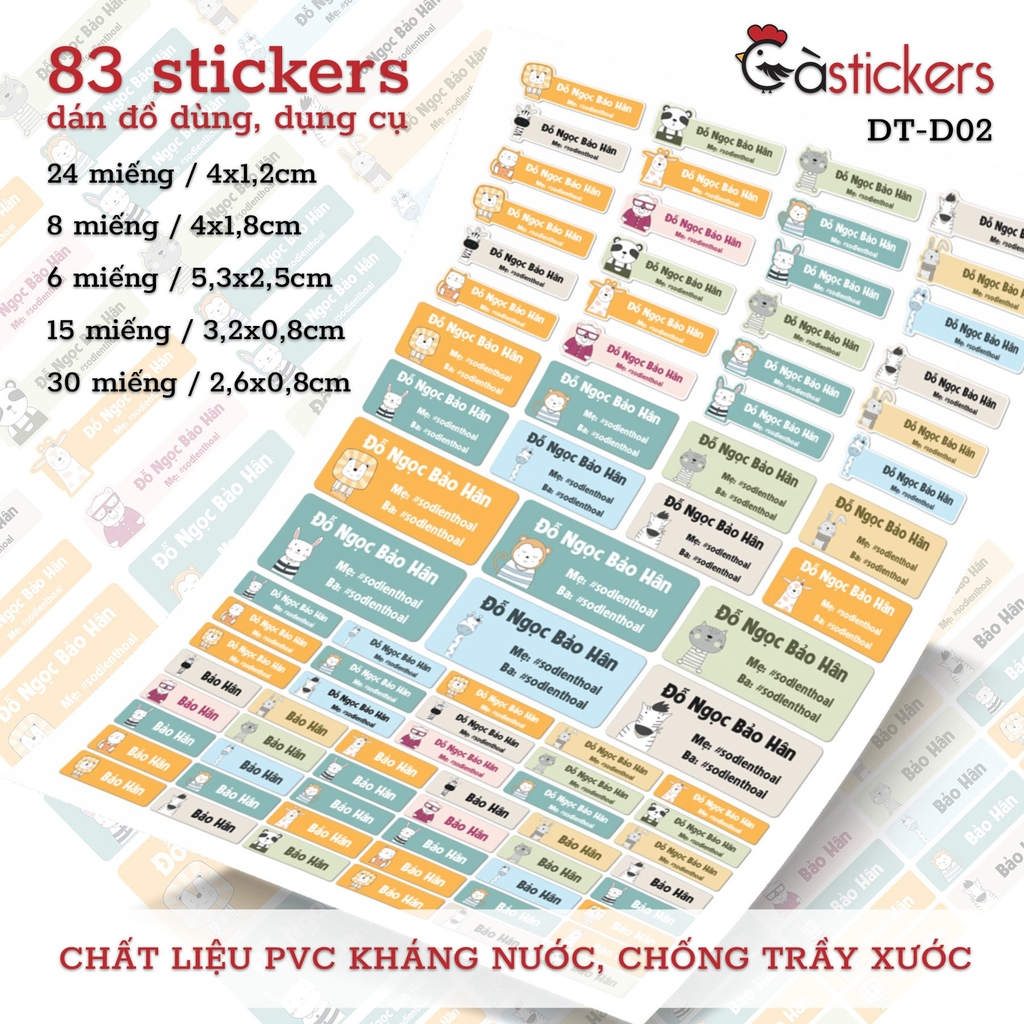 Bộ 83 sticker dán in tên bé - dán đồ dùng cá nhân cho bé mẫu giáo, mầm non, tiểu học - sticker dán độ bền cao kháng nước