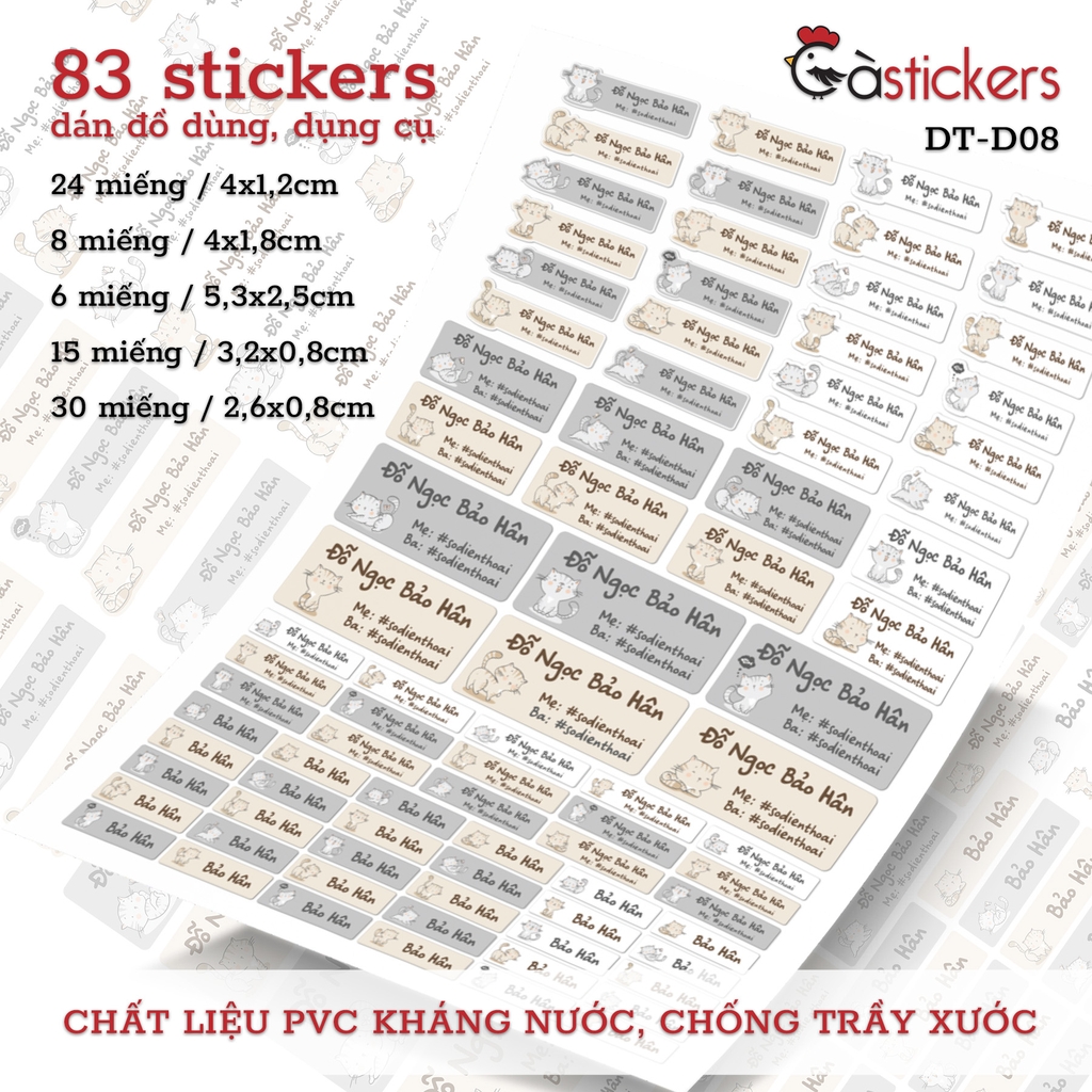 Bộ 83 sticker dán in tên bé - dán đồ dùng cá nhân cho bé mẫu giáo, mầm non, tiểu học - sticker dán độ bền cao kháng nước