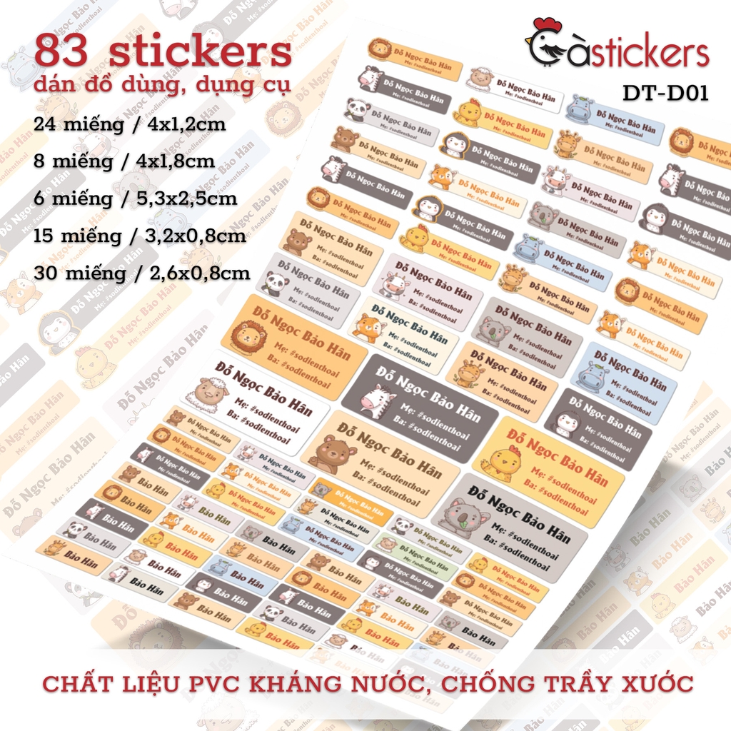 Bộ 83 sticker dán in tên bé - dán đồ dùng cá nhân cho bé mẫu giáo, mầm non, tiểu học - sticker dán độ bền cao kháng nước