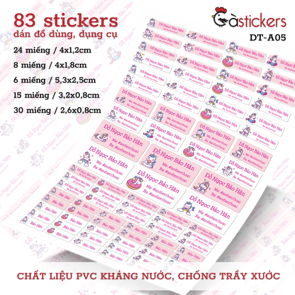 Bộ 83 sticker dán in tên bé - dán đồ dùng cá nhân cho bé mẫu giáo, mầm non, tiểu học - sticker dán độ bền cao kháng nước