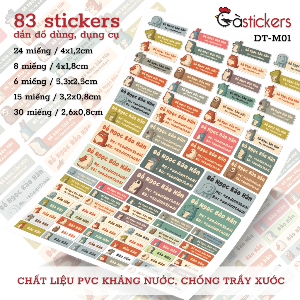 Bộ 83 sticker dán in tên bé - dán đồ dùng cá nhân cho bé mẫu giáo, mầm non, tiểu học - sticker dán độ bền cao kháng nước