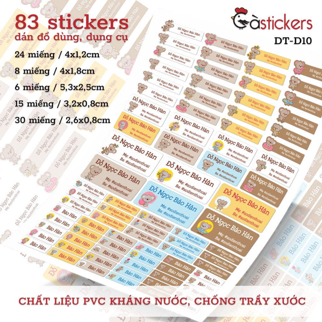 Bộ 83 sticker dán in tên bé - dán đồ dùng cá nhân cho bé mẫu giáo, mầm non, tiểu học - sticker dán độ bền cao kháng nước