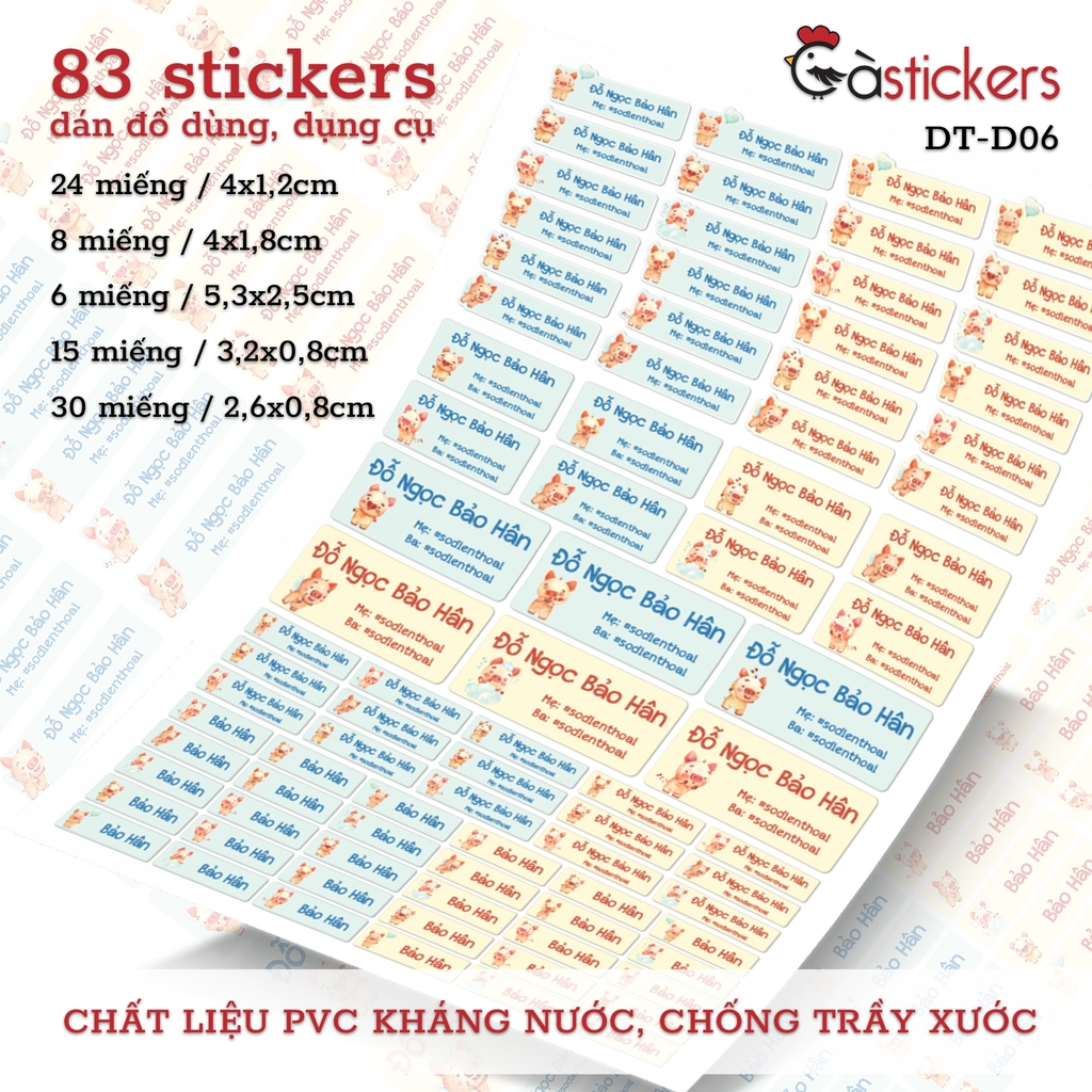 Bộ 83 sticker dán in tên bé - dán đồ dùng cá nhân cho bé mẫu giáo, mầm non, tiểu học - sticker dán độ bền cao kháng nước