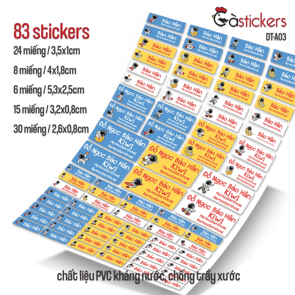Bộ 83 sticker dán in tên bé - dán đồ dùng cá nhân cho bé mẫu giáo, mầm non, tiểu học - sticker dán độ bền cao kháng nước