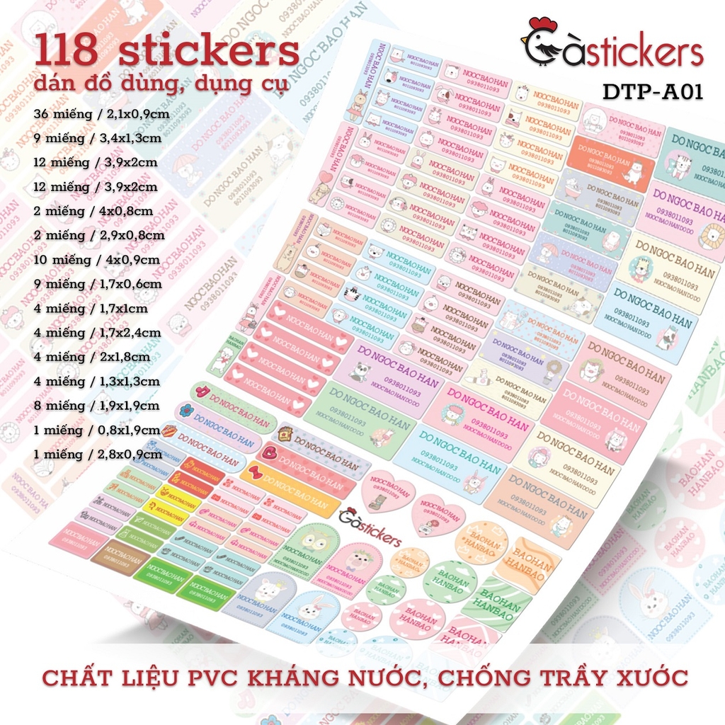 Sticker dán in tên trẻ em GaStickers DTP bộ 118 miếng