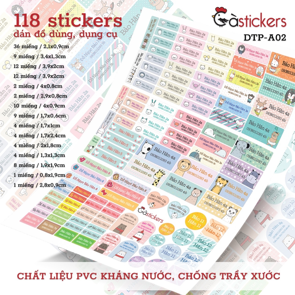 Sticker dán in tên trẻ em GaStickers DTP bộ 118 miếng