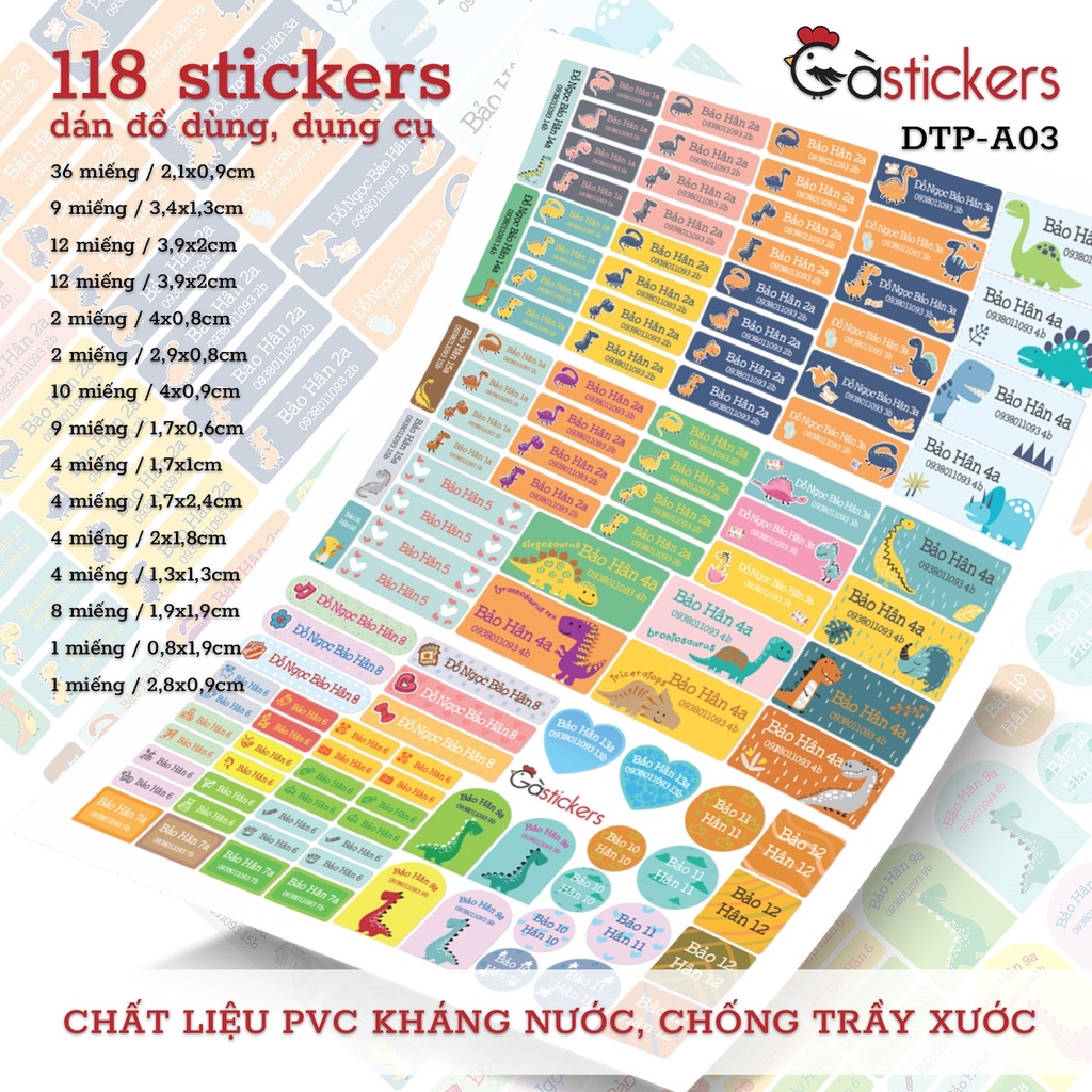 Sticker dán in tên trẻ em GaStickers DTP bộ 118 miếng