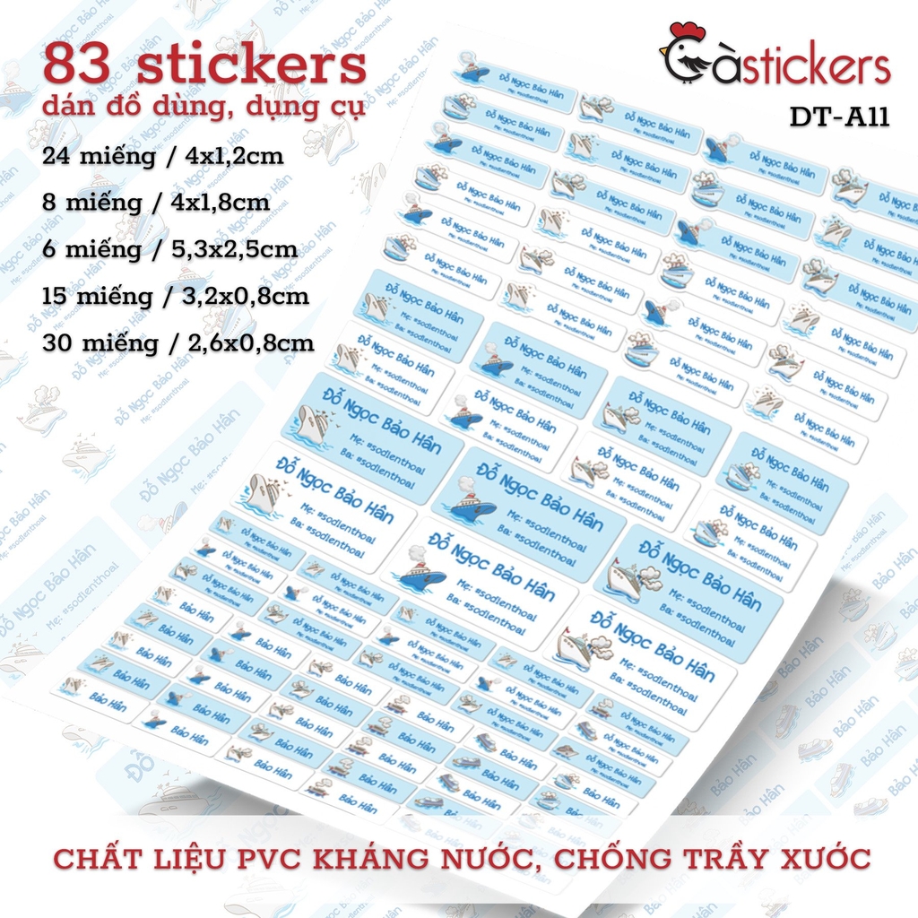 Bộ 83 sticker dán in tên bé - dán đồ dùng cá nhân cho bé mẫu giáo, mầm non, tiểu học - sticker dán độ bền cao kháng nước