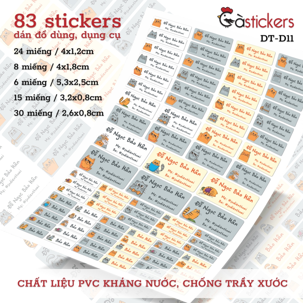 Bộ 83 sticker dán in tên bé - dán đồ dùng cá nhân cho bé mẫu giáo, mầm non, tiểu học - sticker dán độ bền cao kháng nước