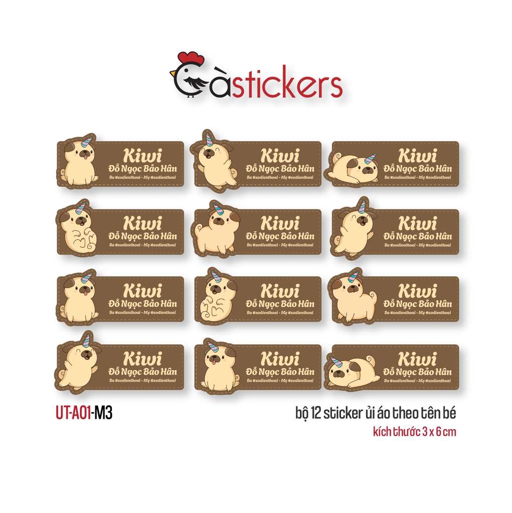 Sticker ủi áo in tên trẻ em GaStickers UT-A01 bộ 12 miếng kích thước 3 x 6 cm